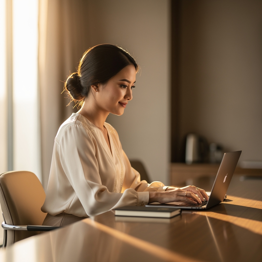 Profesional bekerja di laptop mengerjakan konten LinkedIn