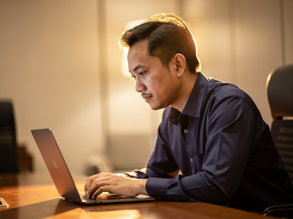 Profesional menulis konten LinkedIn di laptop